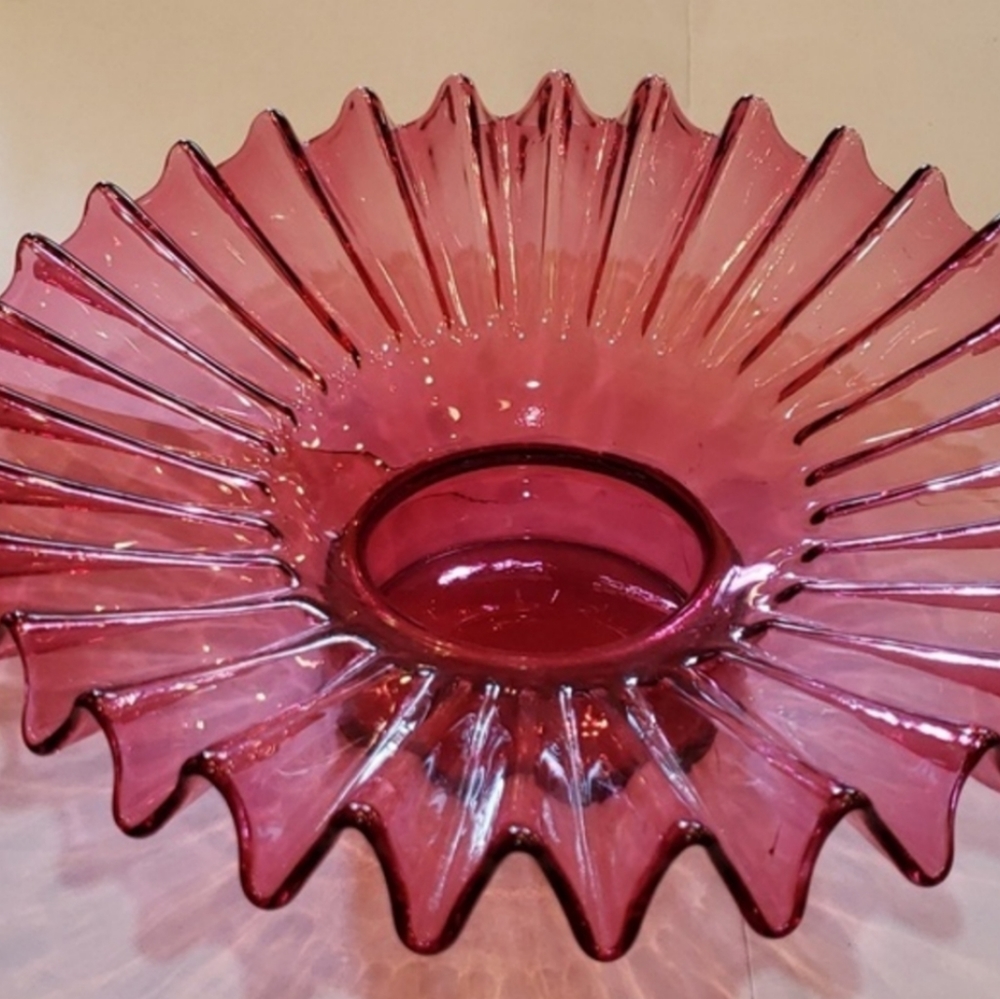 Cranberry Depression‎ Glass Fluted Edge Bowl